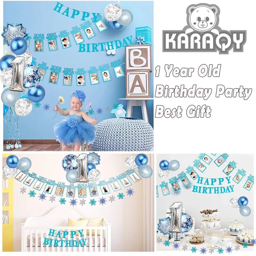 Frozen 1st Birthday Photo Banner, Snowflake Banner Flag, Number 1 and Snowflake